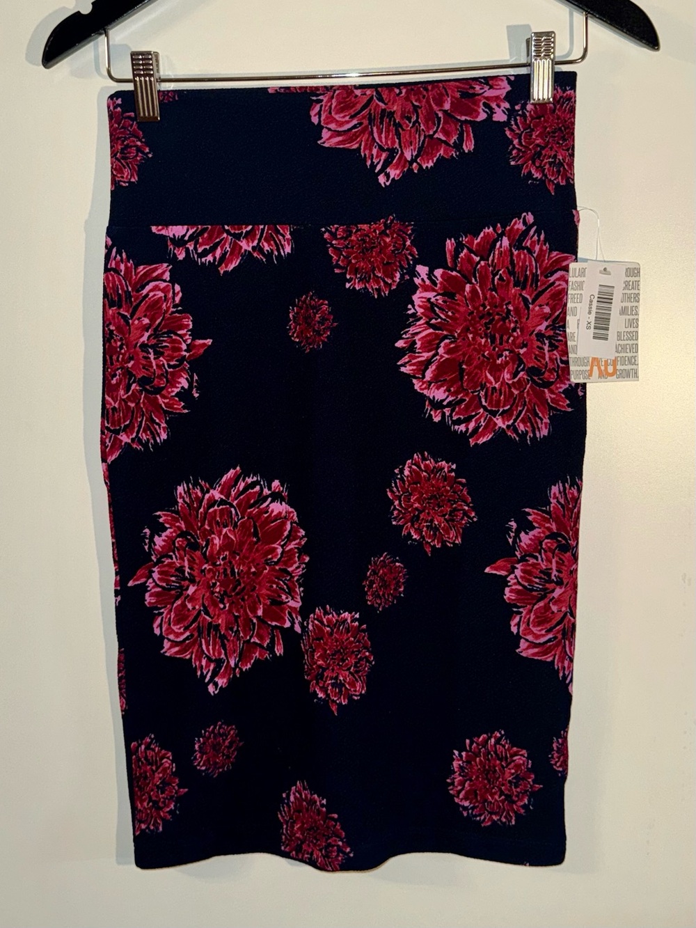 LuLaRoe Cassie Navy Pencil Skirt with Magenta Floral Print